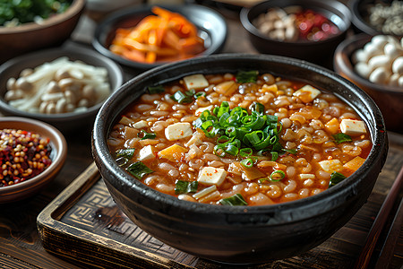 养生药膳托盘里的一碗汤类美食背景