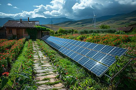 山脉田野下的太阳能板图片