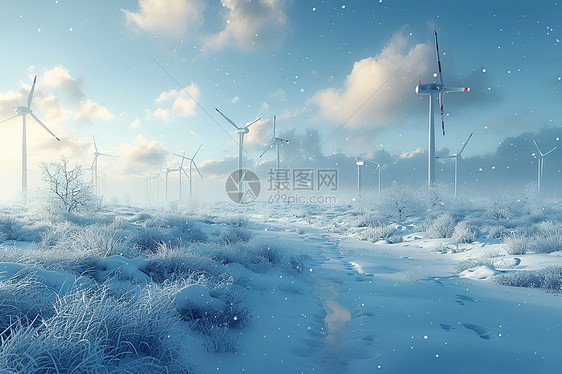 冬日田野间的风力发电图片