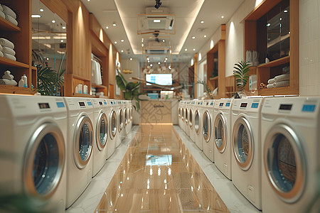 智能洗衣机啊干洗店内的一排洗衣机背景