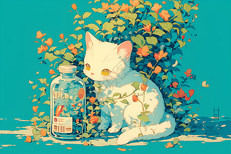 绘画的猫咪和瓶子图片
