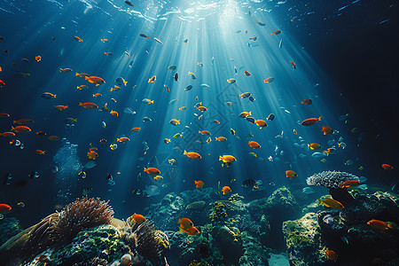 海底鱼群海底的珊瑚和鱼群背景