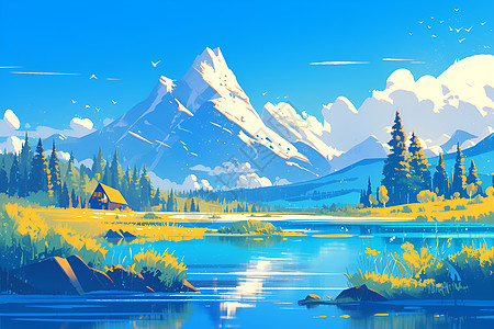 水域救援山脉中的湖泊风景插画