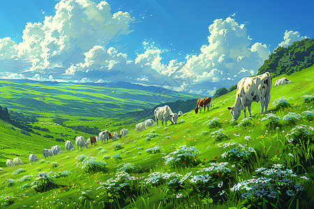 蓝天牧场上的牛群图片