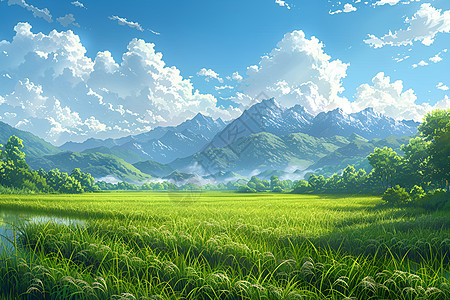 山谷中的绿色水稻图片