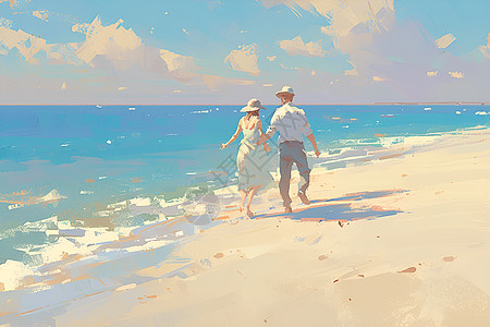 手牵手沿着水岸散步的情侣图片