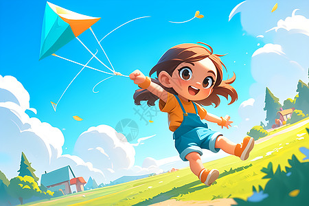 小女孩在草地上放风筝图片