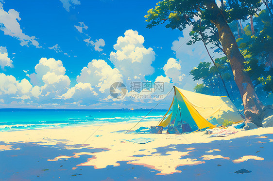 金色沙滩上的帐篷图片