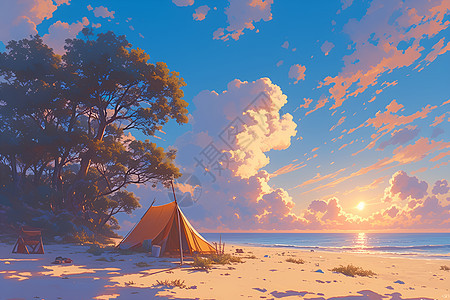 夕阳下的帐篷图片