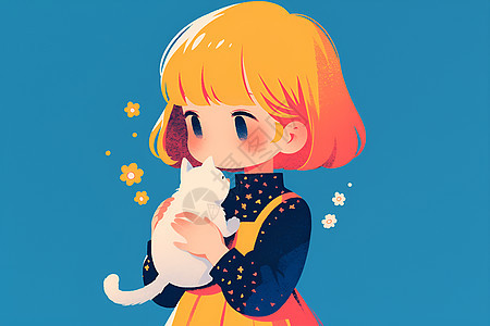 小女孩与白色小猫图片