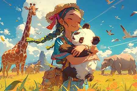草地上的女孩抱着熊猫图片