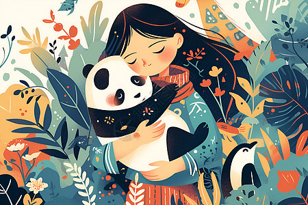 女孩抱着熊猫图片