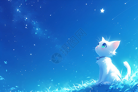 星空下猫咪星空下一只可爱的白猫插画