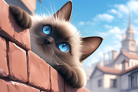 仿砖趴在砖墙上的猫咪插画