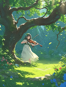 树荫下拉小提琴的女孩图片