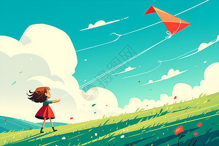 草地上放风筝的女孩图片