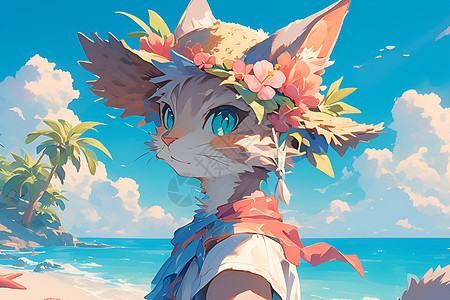 海滩上一个戴着花饰的猫咪图片