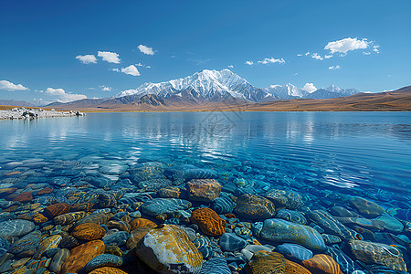 山谷杉木青海湖的鹅卵石背景