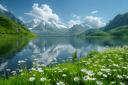 湖边草坪上的花朵图片