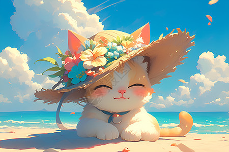 沙滩上的猫咪图片
