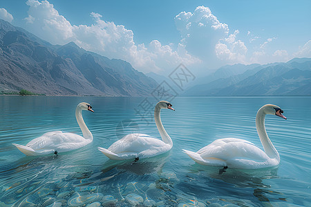 湛蓝湖面的白天鹅图片