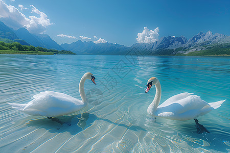 清澈湖面的两只优雅白天鹅图片