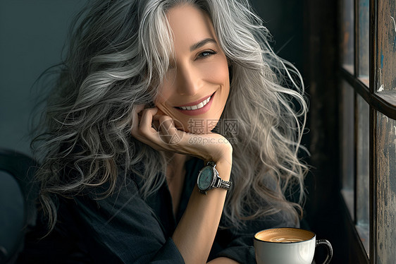银发女子在咖啡馆里喝咖啡图片