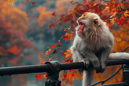 蹲在栏杆上的猴子图片