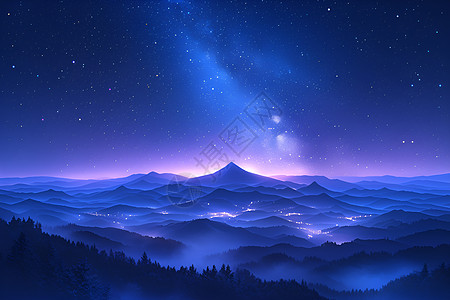 天空宇宙银河星光倾洒山林夜空中插画