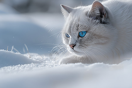 蓝眸白猫穿梭于雪地中图片