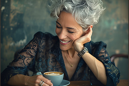 优雅的银发女子喝咖啡图片
