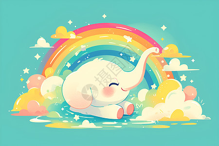 彩虹和大象插画图片