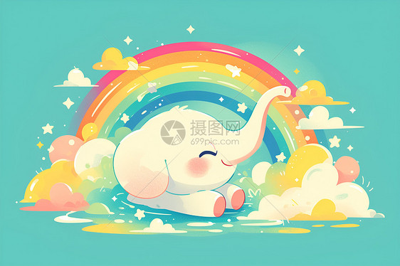 彩虹和大象插画图片