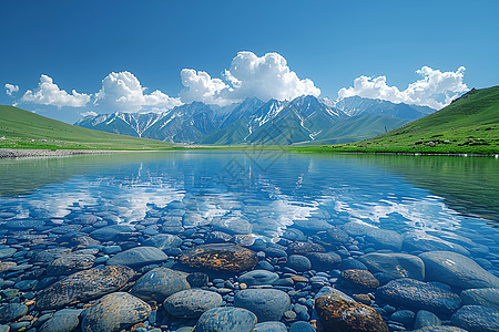 蓝天下的清澈湖泊图片