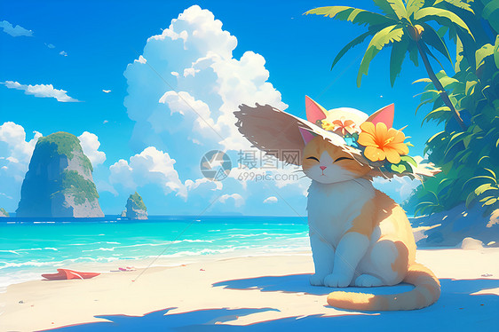热带海滩上的猫咪图片