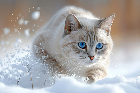 雪地中奔跑的猫咪图片