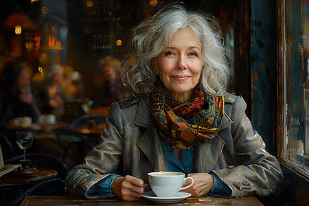 银发女士在咖啡馆内图片