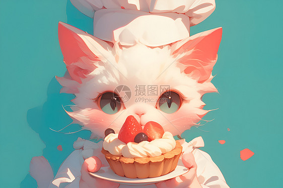 可爱厨师猫的水果蛋糕图片