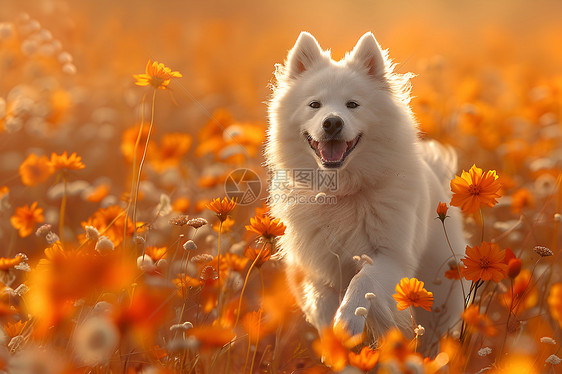 草原上的萨摩耶犬图片
