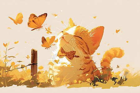 草地上的猫咪和蝴蝶图片