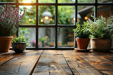 高雅餐厅窗前的木质桌子背景