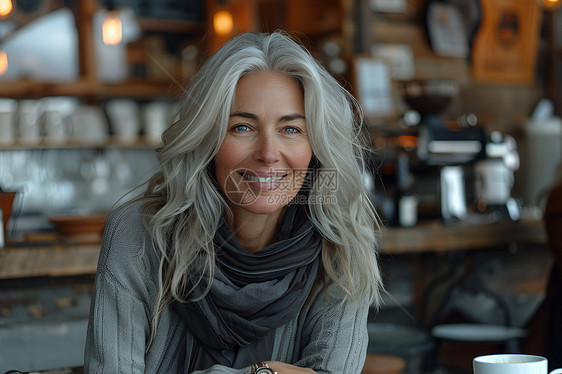 银发中年女子在咖啡店图片