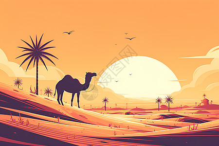 站在楼顶站在沙漠里的骆驼插画