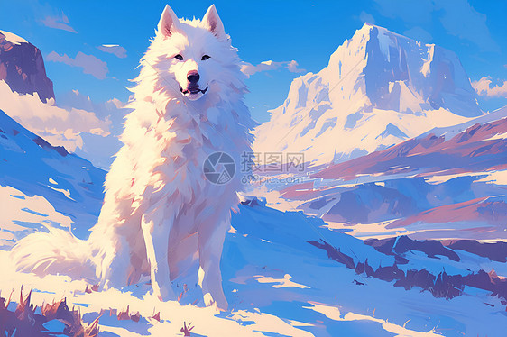 雪山下的萨摩耶犬图片