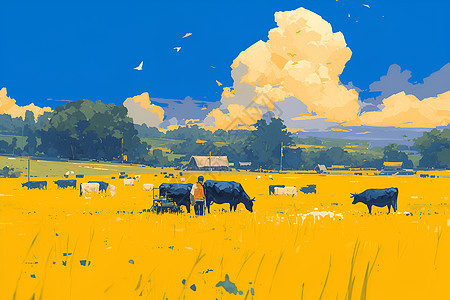 草地上放牧的牛群图片