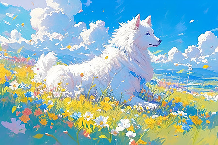 草原上的白狗与花海共舞图片