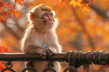 独坐金属栅栏的猴子图片