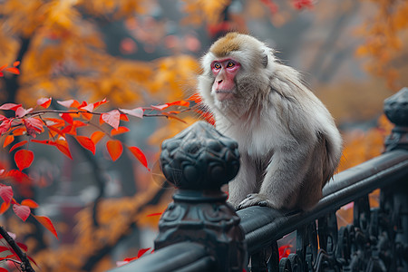 猴子依偎在栏杆上图片