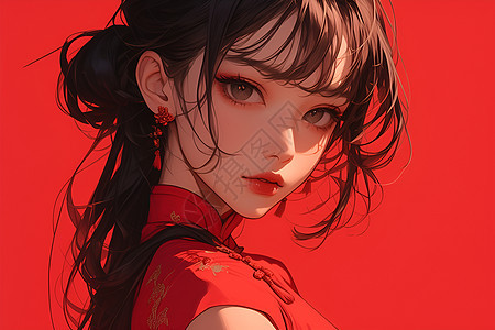 红色背景上的中式女孩图片