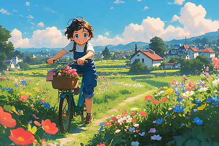 快乐的小女孩骑自行车穿过花丛图片